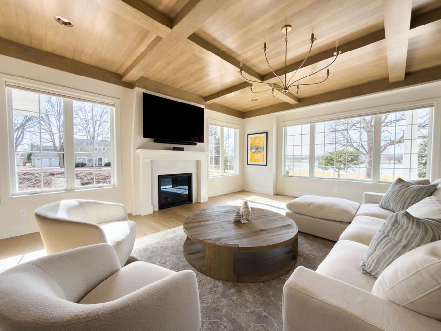 Living room with a coffered wood ceiling