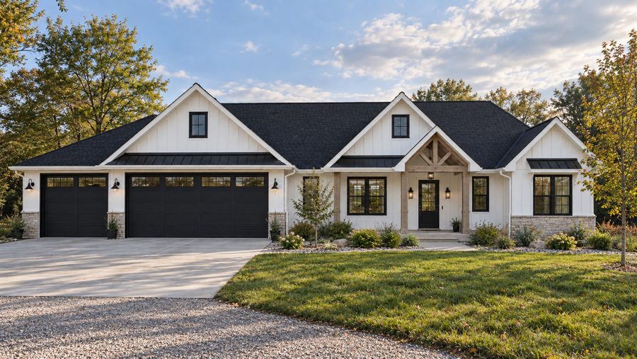 White modern farmhouse ranch with black garage doors and a timber-frame entry