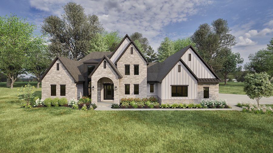 Rendering of the front of a stone and board-and-batten home now under construction