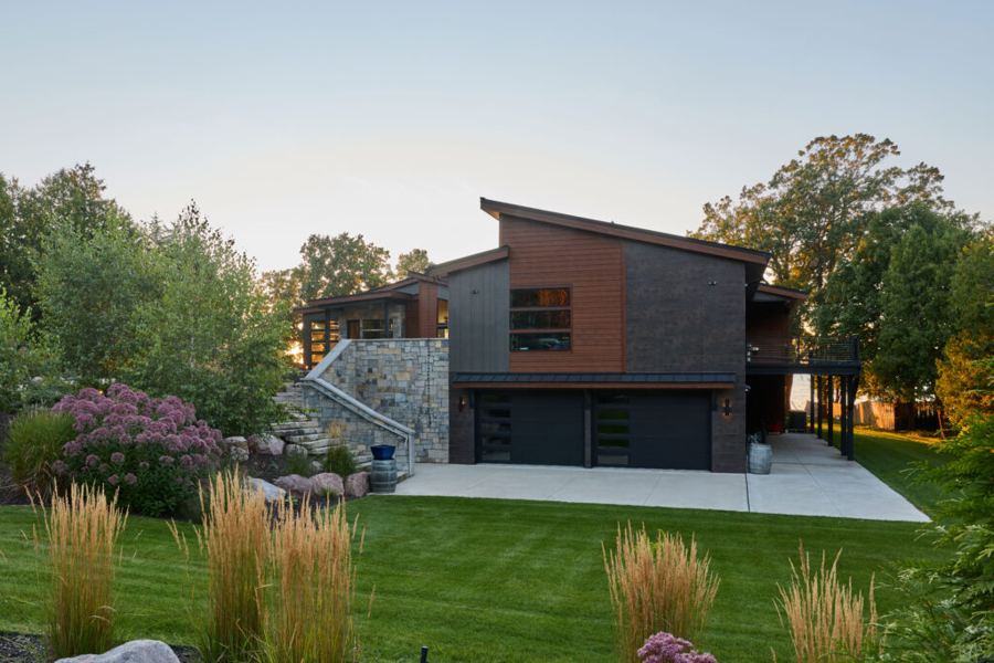 Lower-level garage and landscaping