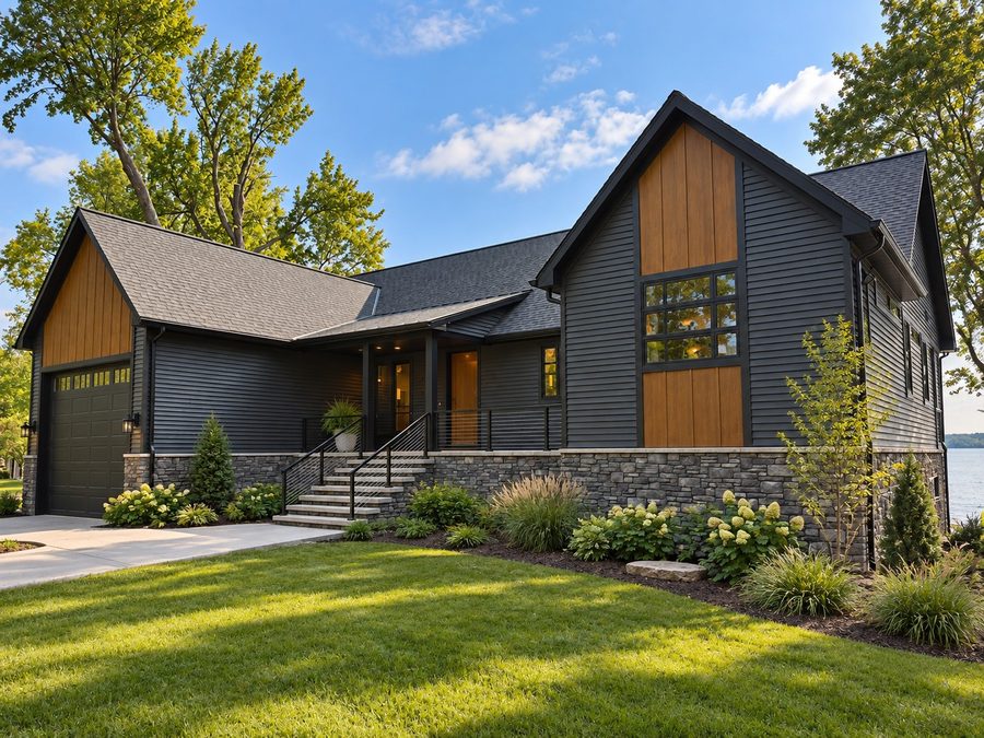 Charcoal craftsman home on the bay with cedar accents and a stone base