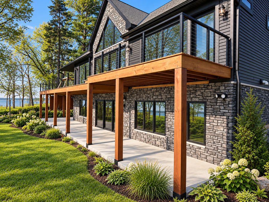 Walkout lower level with a cedar-post patio facing the bay