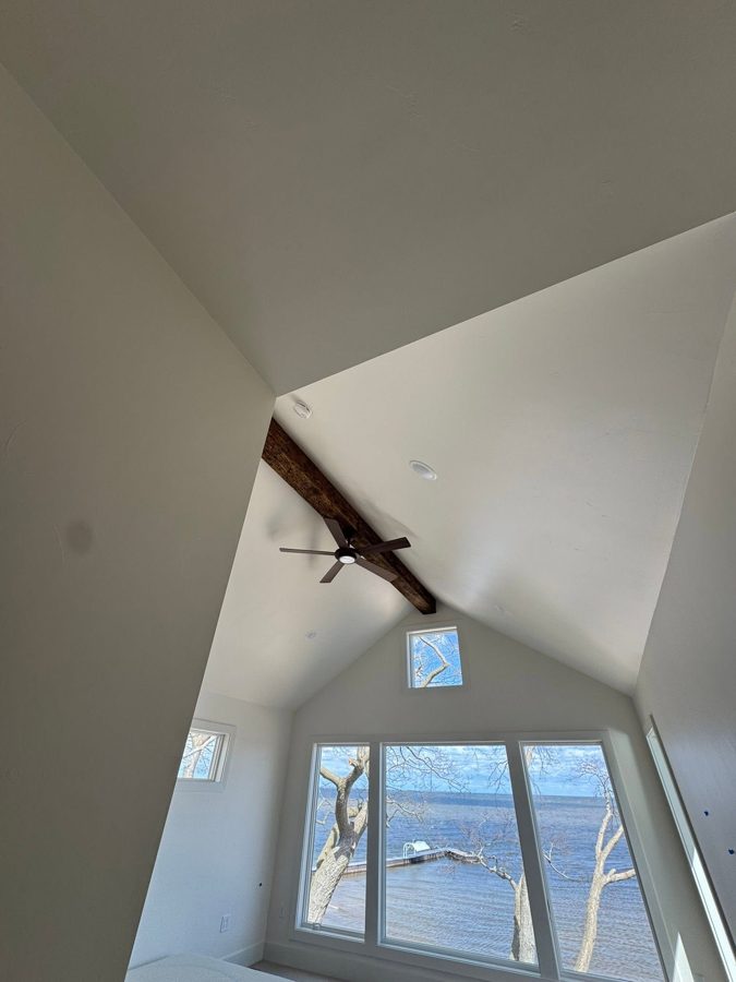 Primary bedroom ceiling and the lake view