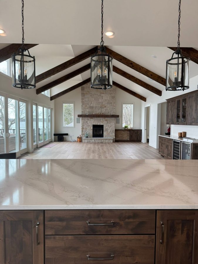 Kitchen island looking toward the stone fireplace