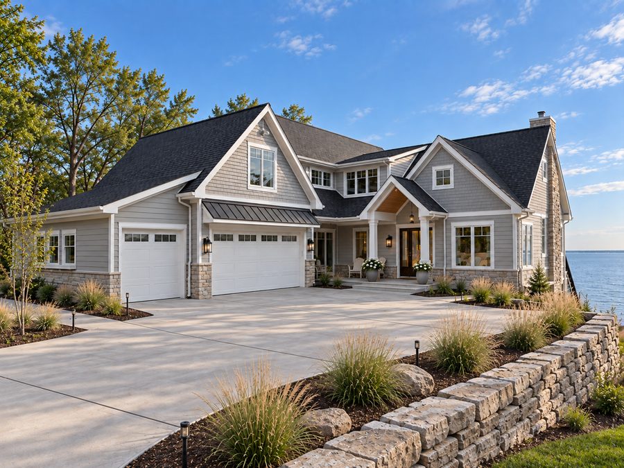 Coastal cottage with gray shingle siding and a stone retaining wall
