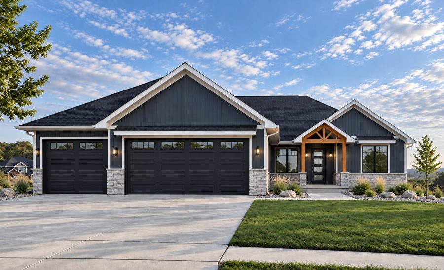 Craftsman ranch with dark siding, stone and a timber-frame entry